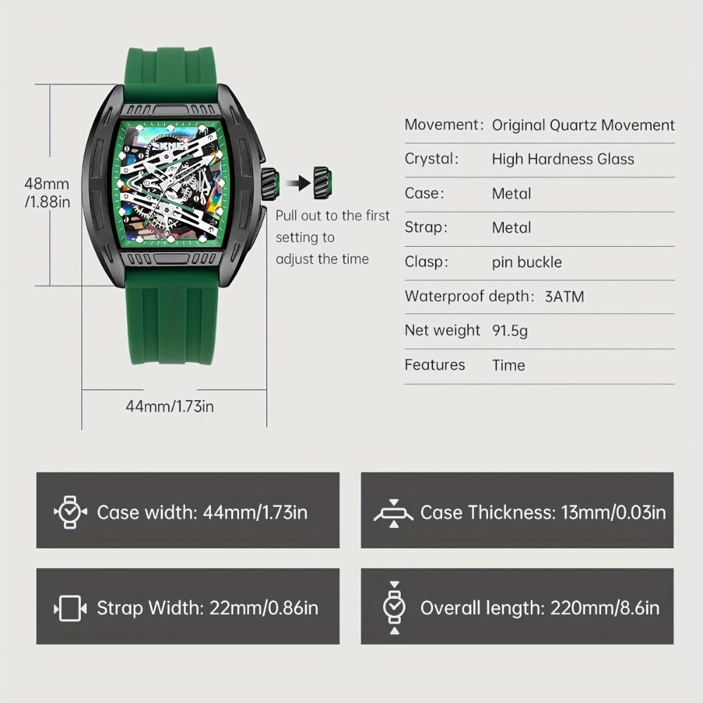Men's Quartz Watch - 's Hollow Dial Barrel-Shaped with Luminous Hands & Waterproof Silicone - product detail view 4