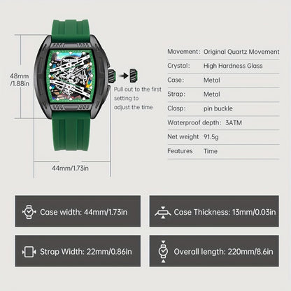 Men's Quartz Watch - 's Hollow Dial Barrel-Shaped with Luminous Hands & Waterproof Silicone - product detail view 4