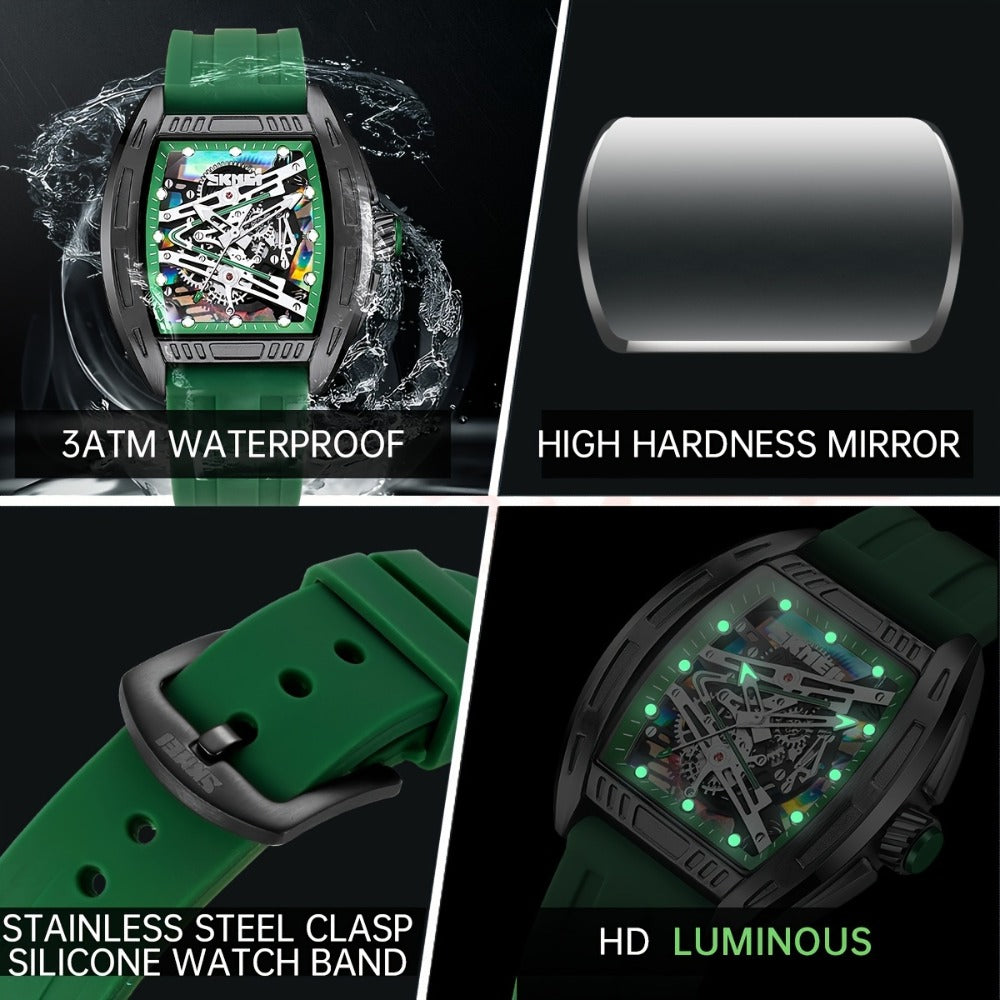Men's Quartz Watch - 's Hollow Dial Barrel-Shaped with Luminous Hands & Waterproof Silicone - product detail view 7
