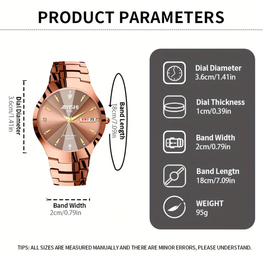 Men's Quartz Watch - 's Luminous Dual Calendar Zinc Alloy Business Casual Wristwatch for Coffee - product detail view 2