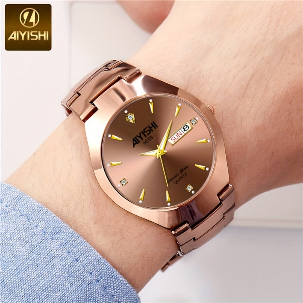 Men's Quartz Watch - 's Luminous Dual Calendar Zinc Alloy Business Casual Wristwatch for Coffee - product detail view 7