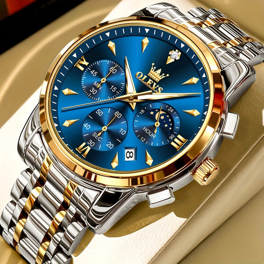 Men's Quartz Watch - 's Luxury Moon Phase Chronograph - Two-Tone Stainless Steel Analog Dress - main product view