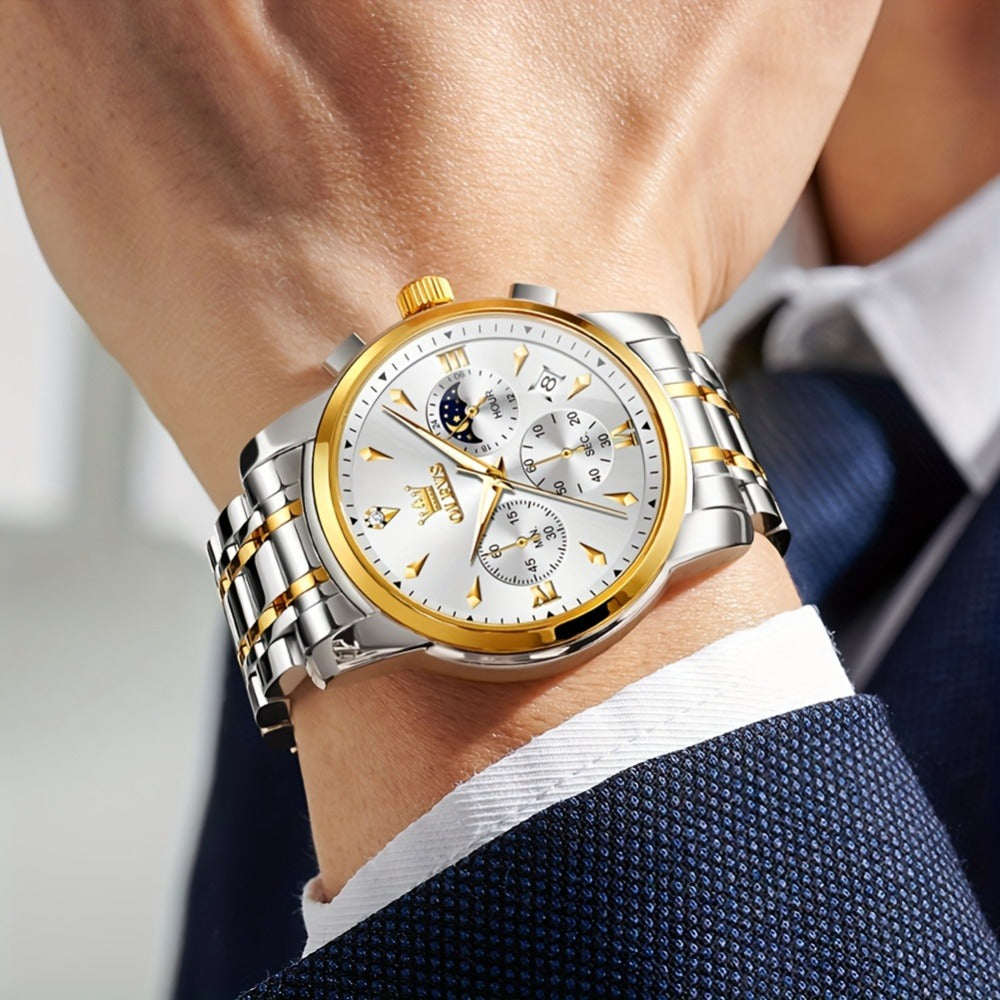 Men's Quartz Watch - 's Luxury Moon Phase Chronograph - Two-Tone Stainless Steel Analog Dress - product detail view 2