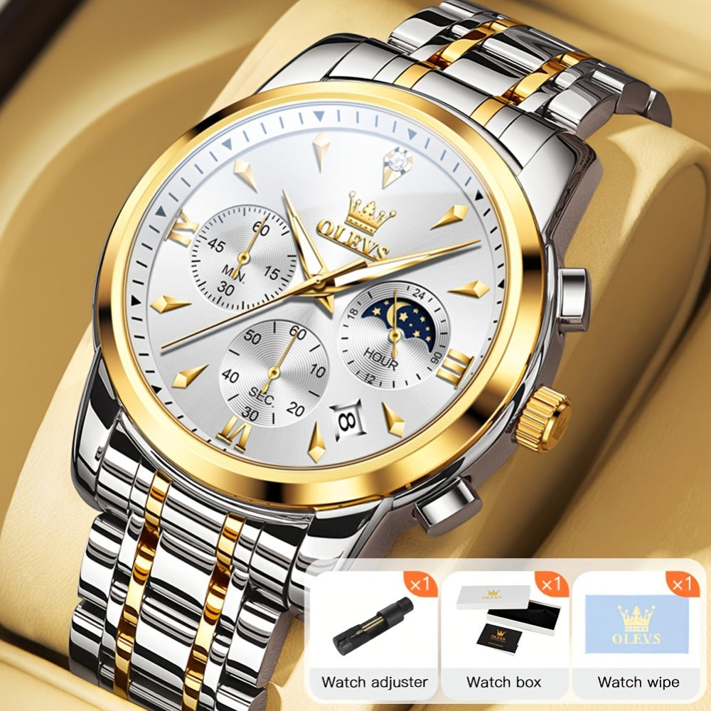 Men's Quartz Watch - 's Luxury Moon Phase Chronograph - Two-Tone Stainless Steel Analog Dress - product detail view 3