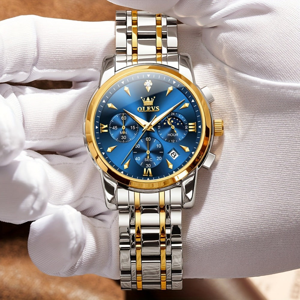 Men's Quartz Watch - 's Luxury Moon Phase Chronograph - Two-Tone Stainless Steel Analog Dress - product detail view 4