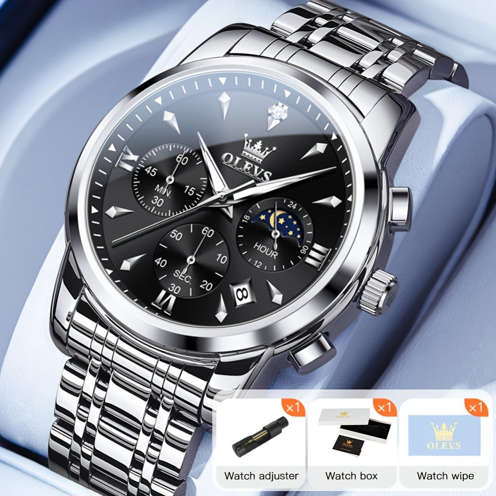 Men's Quartz Watch - 's Luxury Moon Phase Chronograph - Two-Tone Stainless Steel Analog Dress - product detail view 5