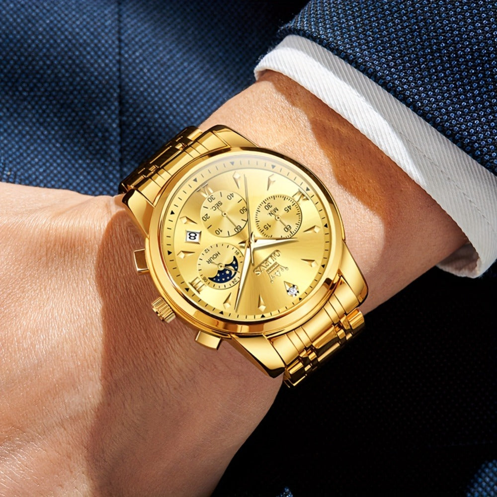 Men's Quartz Watch - 's Luxury Moon Phase Chronograph - Two-Tone Stainless Steel Analog Dress - product detail view 6
