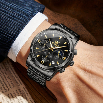 Men's Quartz Watch - 's Luxury Moon Phase Chronograph - Two-Tone Stainless Steel Analog Dress - product detail view 8