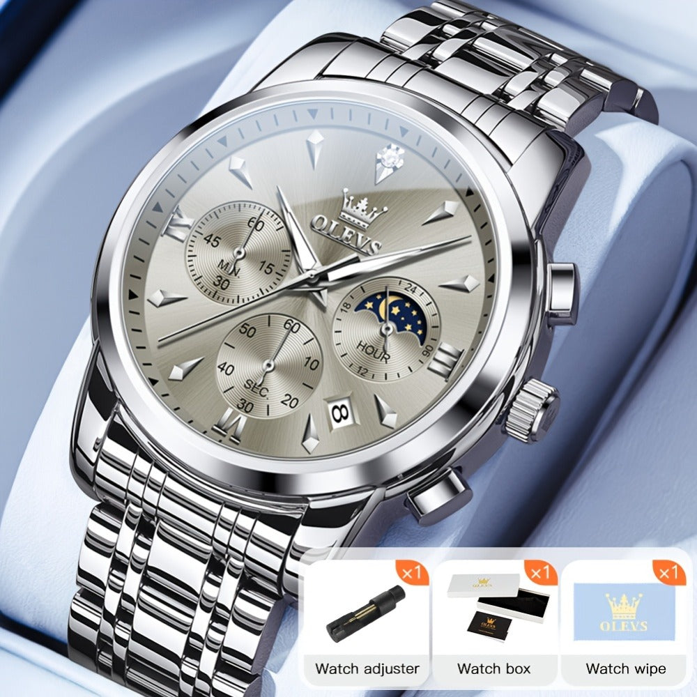 Men's Quartz Watch - 's Luxury Moon Phase Chronograph - Two-Tone Stainless Steel Analog Dress - product detail view 9