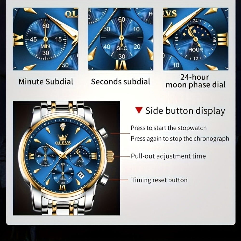 Men's Quartz Watch - 's Luxury Moon Phase Chronograph - Two-Tone Stainless Steel Analog Dress - product detail view 10