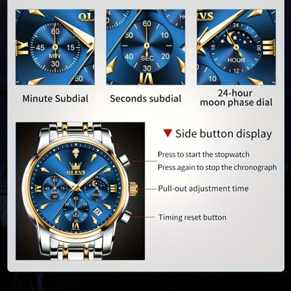 Men's Quartz Watch - 's Luxury Moon Phase Chronograph - Two-Tone Stainless Steel Analog Dress - product detail view 10