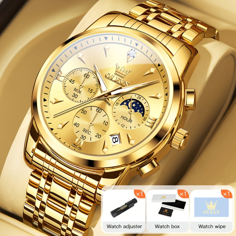 Men's Quartz Watch - 's Luxury Moon Phase Chronograph - Two-Tone Stainless Steel Analog Dress - product detail view 11
