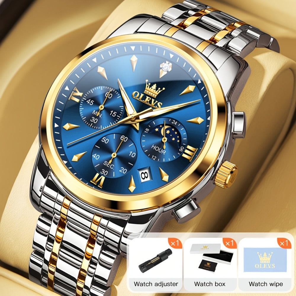 Men's Quartz Watch - 's Luxury Moon Phase Chronograph - Two-Tone Stainless Steel Analog Dress - product detail view 13