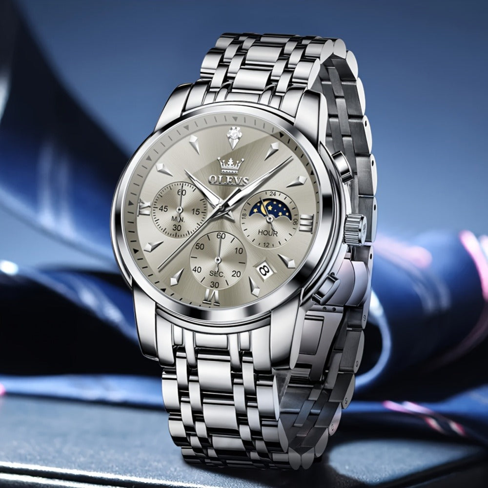 Men's Quartz Watch - 's Luxury Moon Phase Chronograph - Two-Tone Stainless Steel Analog Dress - product detail view 14