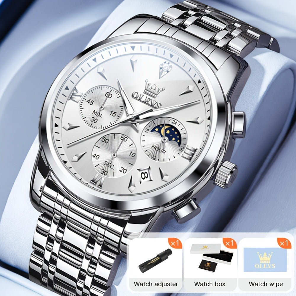 Men's Quartz Watch - 's Luxury Moon Phase Chronograph - Two-Tone Stainless Steel Analog Dress - product detail view 15