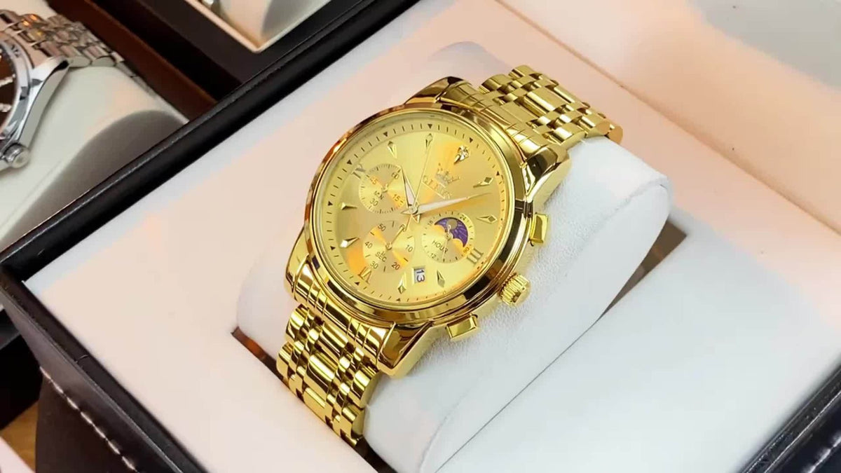 Men's Quartz Watch - 's Luxury Moon Phase Chronograph - Two-Tone Stainless Steel Analog Dress - product detail view 17