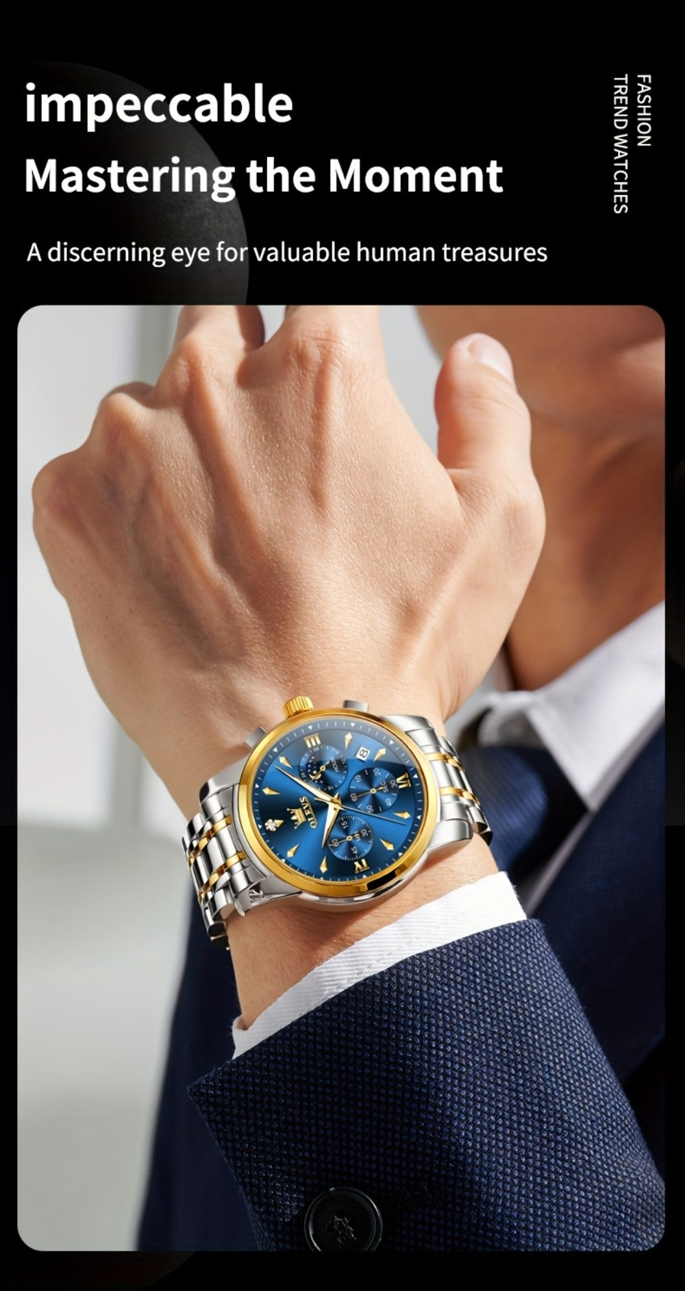 Men's Quartz Watch - 's Luxury Moon Phase Chronograph - Two-Tone Stainless Steel Analog Dress - product detail view 18