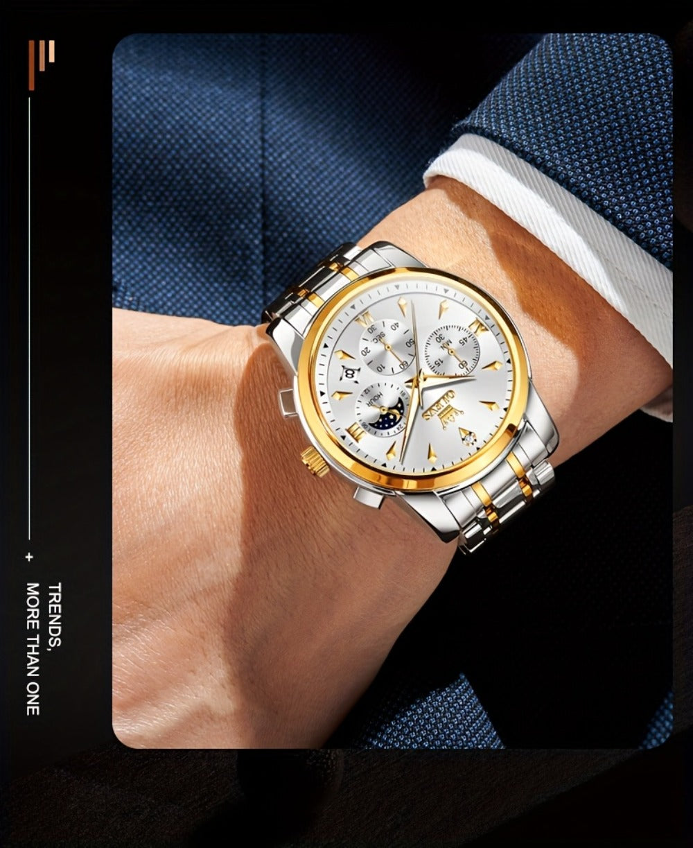 Men's Quartz Watch - 's Luxury Moon Phase Chronograph - Two-Tone Stainless Steel Analog Dress - product detail view 19