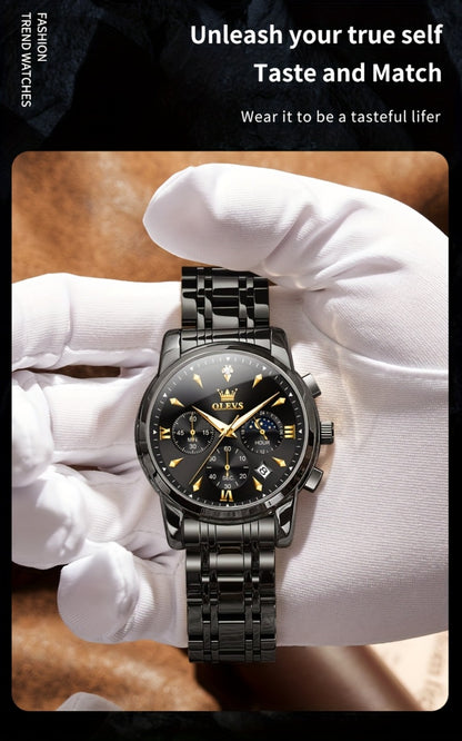 Men's Quartz Watch - 's Luxury Moon Phase Chronograph - Two-Tone Stainless Steel Analog Dress - product detail view 20