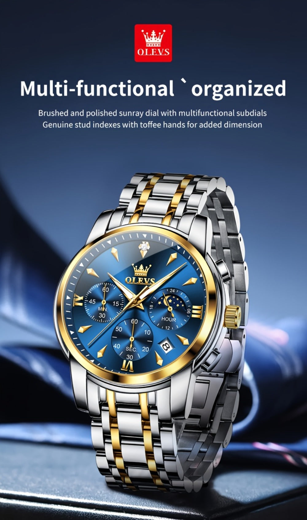 Men's Quartz Watch - 's Luxury Moon Phase Chronograph - Two-Tone Stainless Steel Analog Dress - product detail view 21