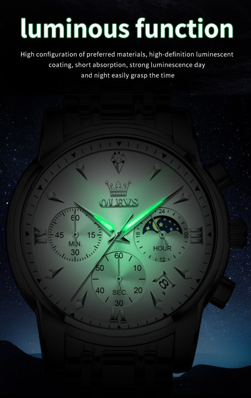 Men's Quartz Watch - 's Luxury Moon Phase Chronograph - Two-Tone Stainless Steel Analog Dress - product detail view 22