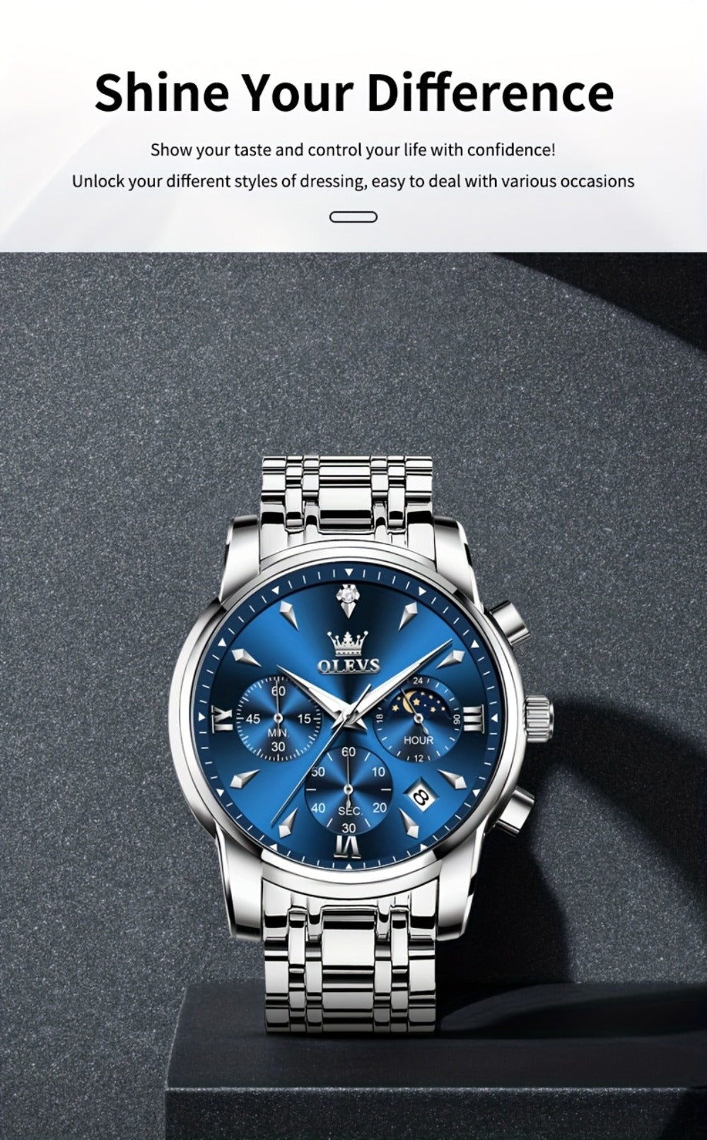 Men's Quartz Watch - 's Luxury Moon Phase Chronograph - Two-Tone Stainless Steel Analog Dress - product detail view 23