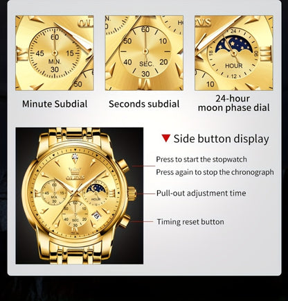 Men's Quartz Watch - 's Luxury Moon Phase Chronograph - Two-Tone Stainless Steel Analog Dress - product detail view 24