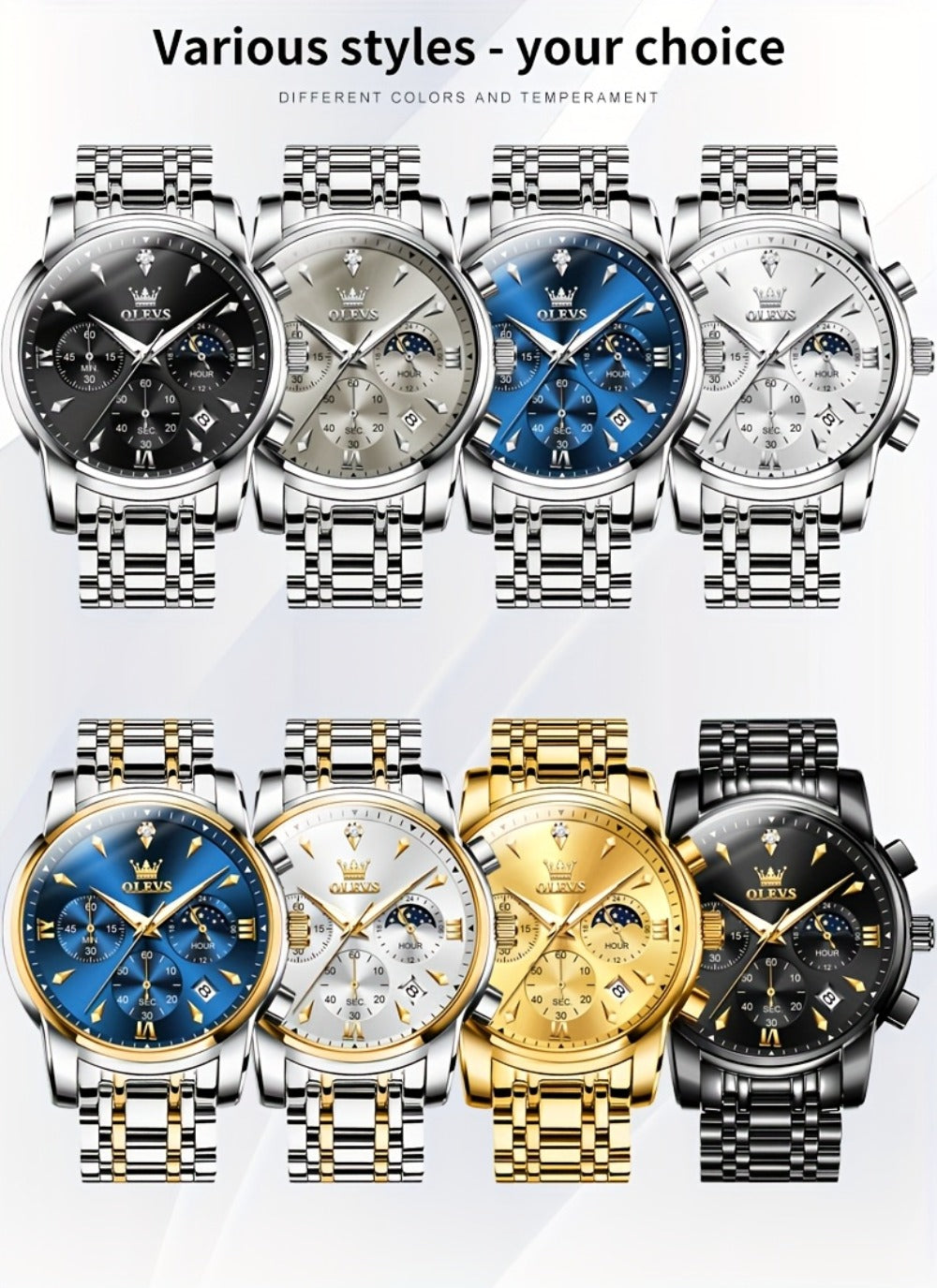 Men's Quartz Watch - 's Luxury Moon Phase Chronograph - Two-Tone Stainless Steel Analog Dress - product detail view 25
