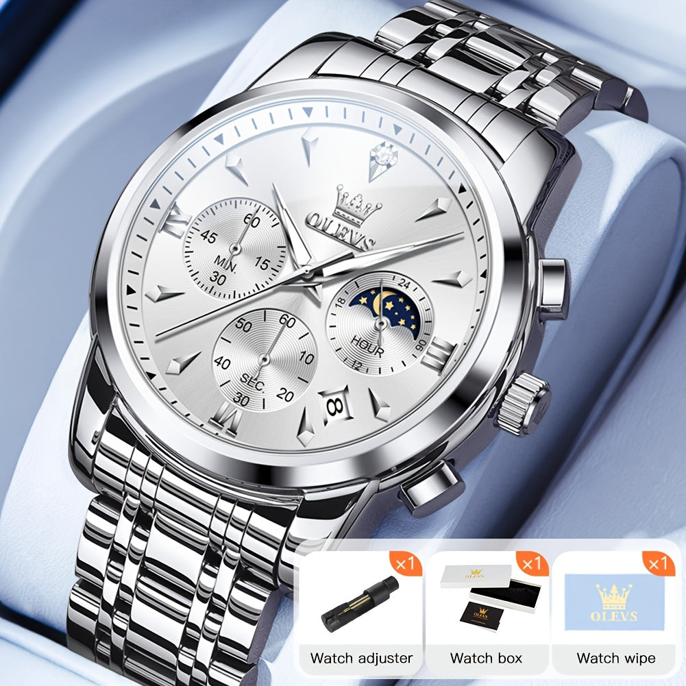Men's Quartz Watch - 's Luxury Moon Phase Chronograph - Two-Tone Stainless Steel Analog Dress - product detail view 32