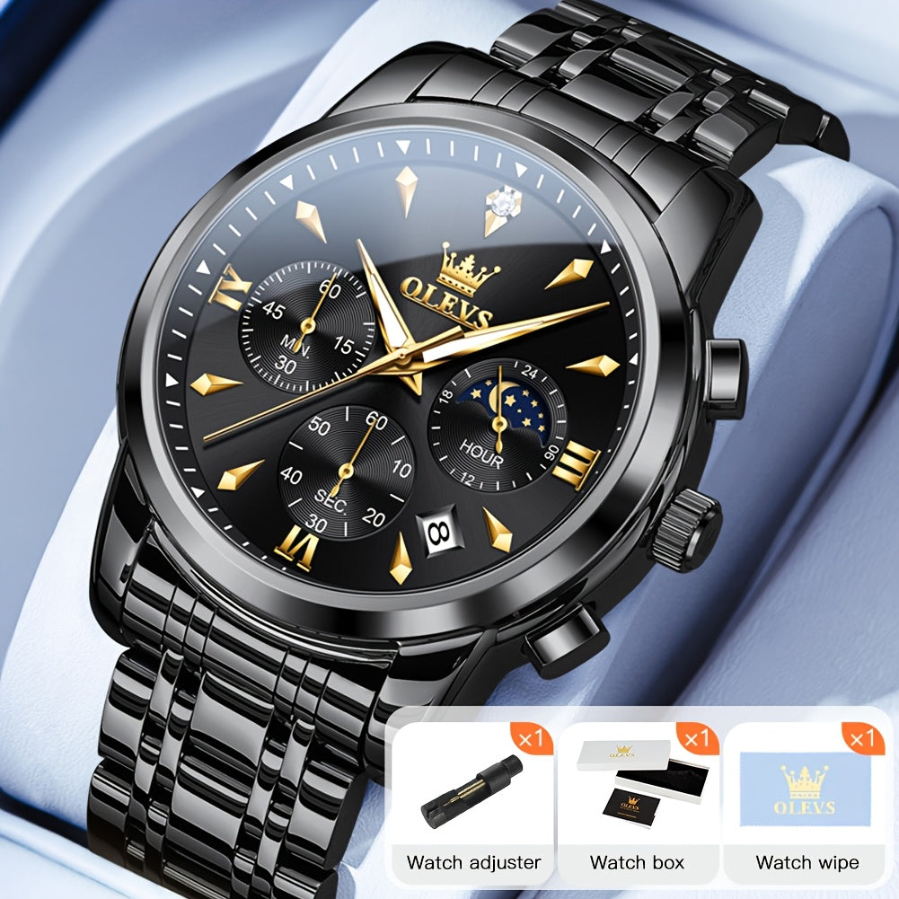 Men's Quartz Watch - 's Luxury Moon Phase Chronograph - Two-Tone Stainless Steel Analog Dress - product detail view 33