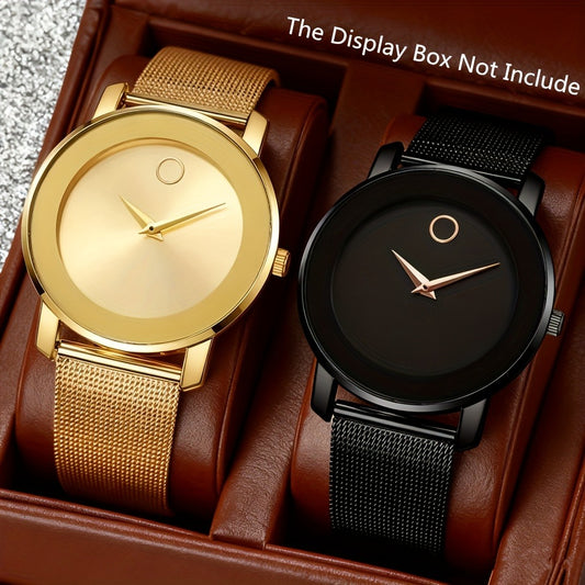 Men's Quartz Watch - 's Minimalist Set of 2 - Mesh Strap Business Casual Wristwatch Duo, Black - main product view
