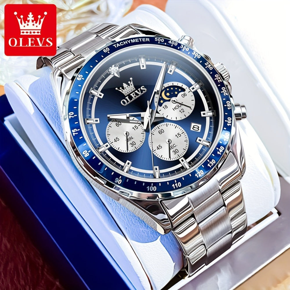 Men's Quartz Watch - 's Moon Phase Chronograph | Big Face Luminous Wristwatch with Calendar & - main product view