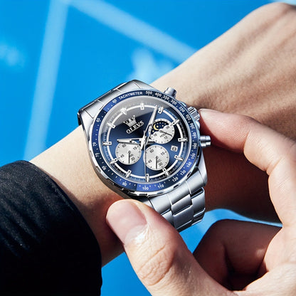 Men's Quartz Watch - 's Moon Phase Chronograph | Big Face Luminous Wristwatch with Calendar & - product detail view 2