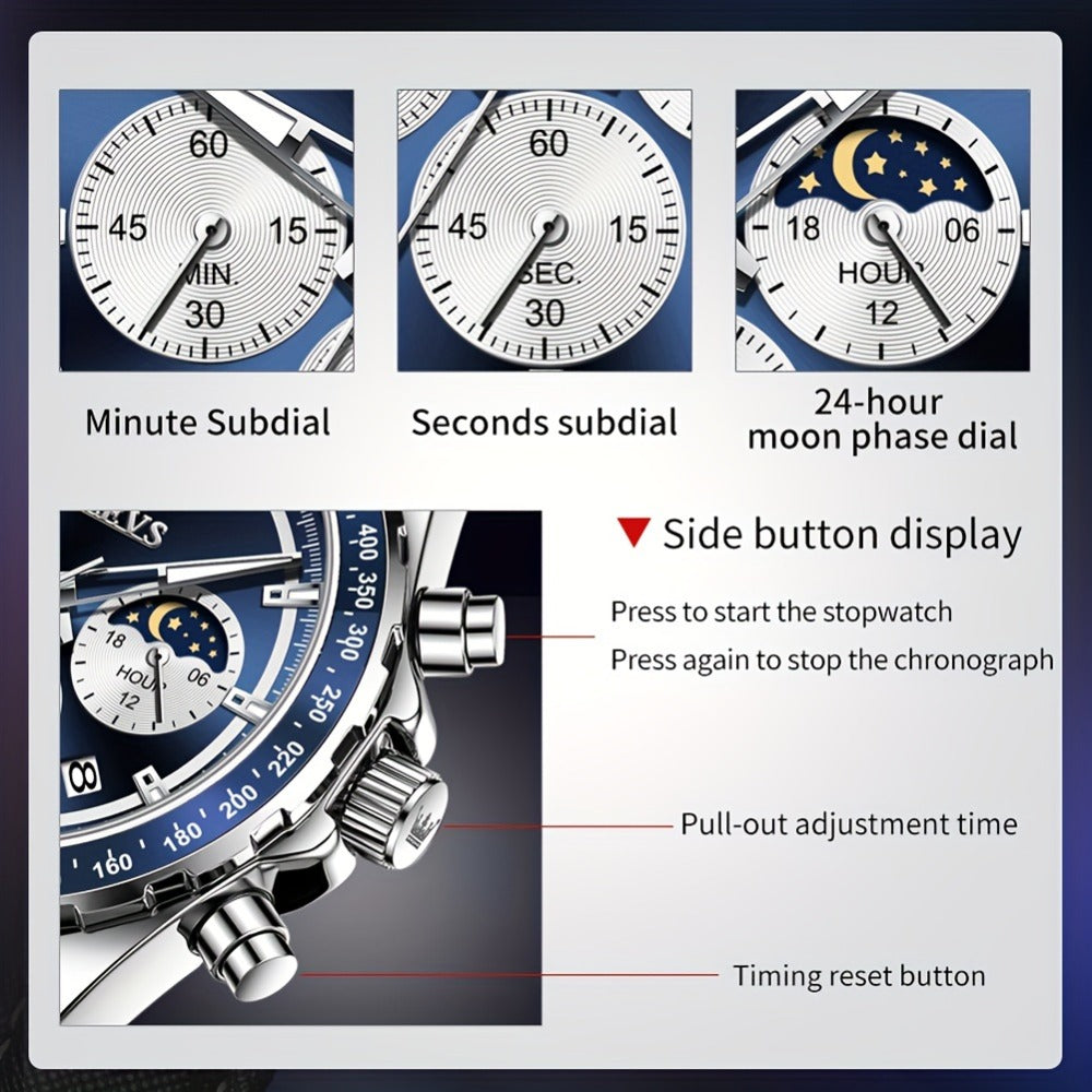 Men's Quartz Watch - 's Moon Phase Chronograph | Big Face Luminous Wristwatch with Calendar & - product detail view 6