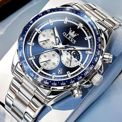 Men's Quartz Watch - 's Moon Phase Chronograph | Big Face Luminous Wristwatch with Calendar & - product detail view 7