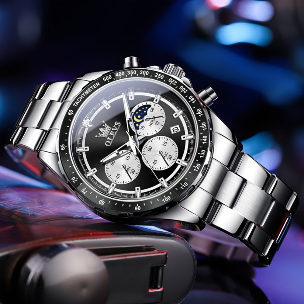 Men's Quartz Watch - 's Moon Phase Chronograph | Big Face Luminous Wristwatch with Calendar & - product detail view 11