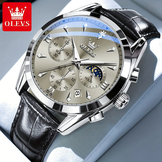Men's Quartz Watch - 's Moon Phase OLEVS Luxury Analog Chronograph Wristwatch with Faux Leather - main product view