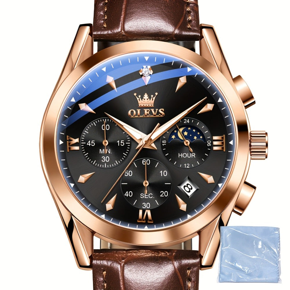 Men's Quartz Watch - 's Moon Phase OLEVS Luxury Analog Chronograph Wristwatch with Faux Leather - product detail view 5