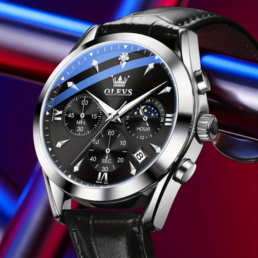 Men's Quartz Watch - 's Moon Phase OLEVS Luxury Analog Chronograph Wristwatch with Faux Leather - product detail view 10