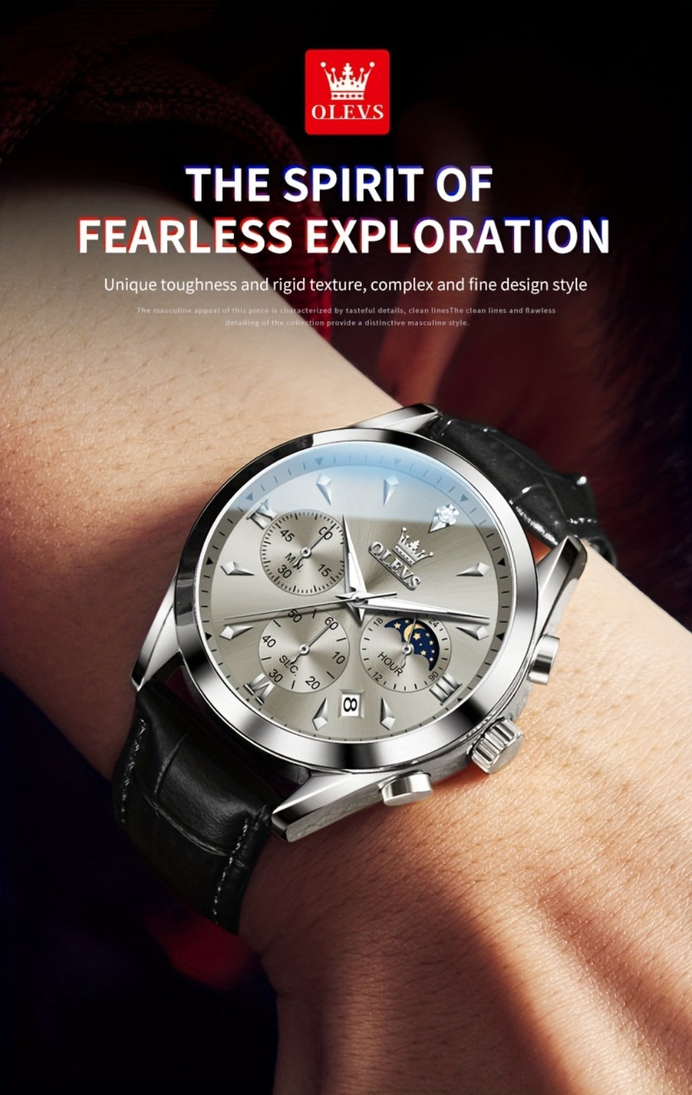 Men's Quartz Watch - 's Moon Phase OLEVS Luxury Analog Chronograph Wristwatch with Faux Leather - product detail view 17