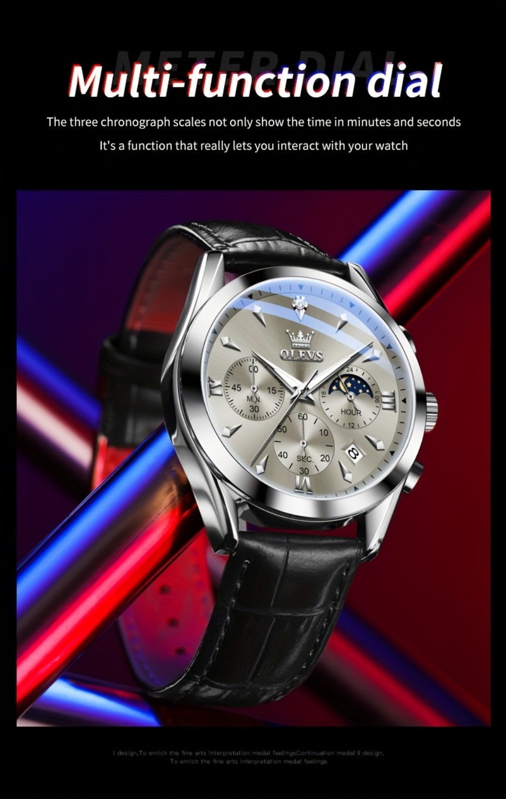 Men's Quartz Watch - 's Moon Phase OLEVS Luxury Analog Chronograph Wristwatch with Faux Leather - product detail view 21