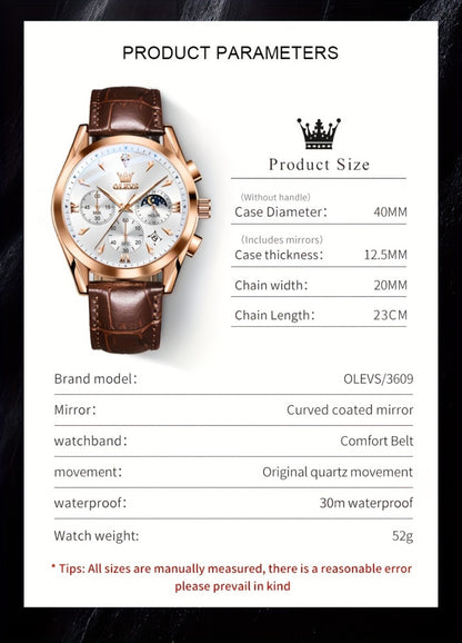 Men's Quartz Watch - 's Moon Phase OLEVS Luxury Analog Chronograph Wristwatch with Faux Leather - product detail view 22
