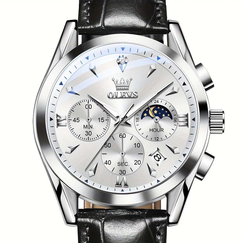 Men's Quartz Watch - 's Moon Phase OLEVS Luxury Analog Chronograph Wristwatch with Faux Leather - product detail view 26