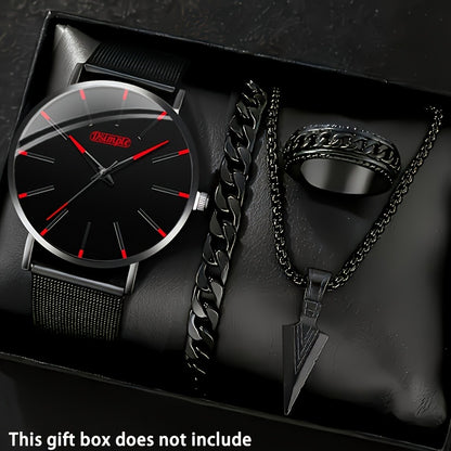Men's Quartz Watch - 's and Necklace Set 4 Piece Wristwatch with Triangle Spearhead Pendant - main product view