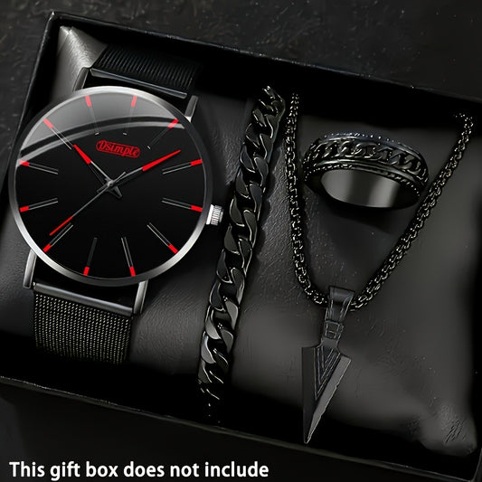 Men's Quartz Watch - 's and Necklace Set 4 Piece Wristwatch with Triangle Spearhead Pendant - main product view