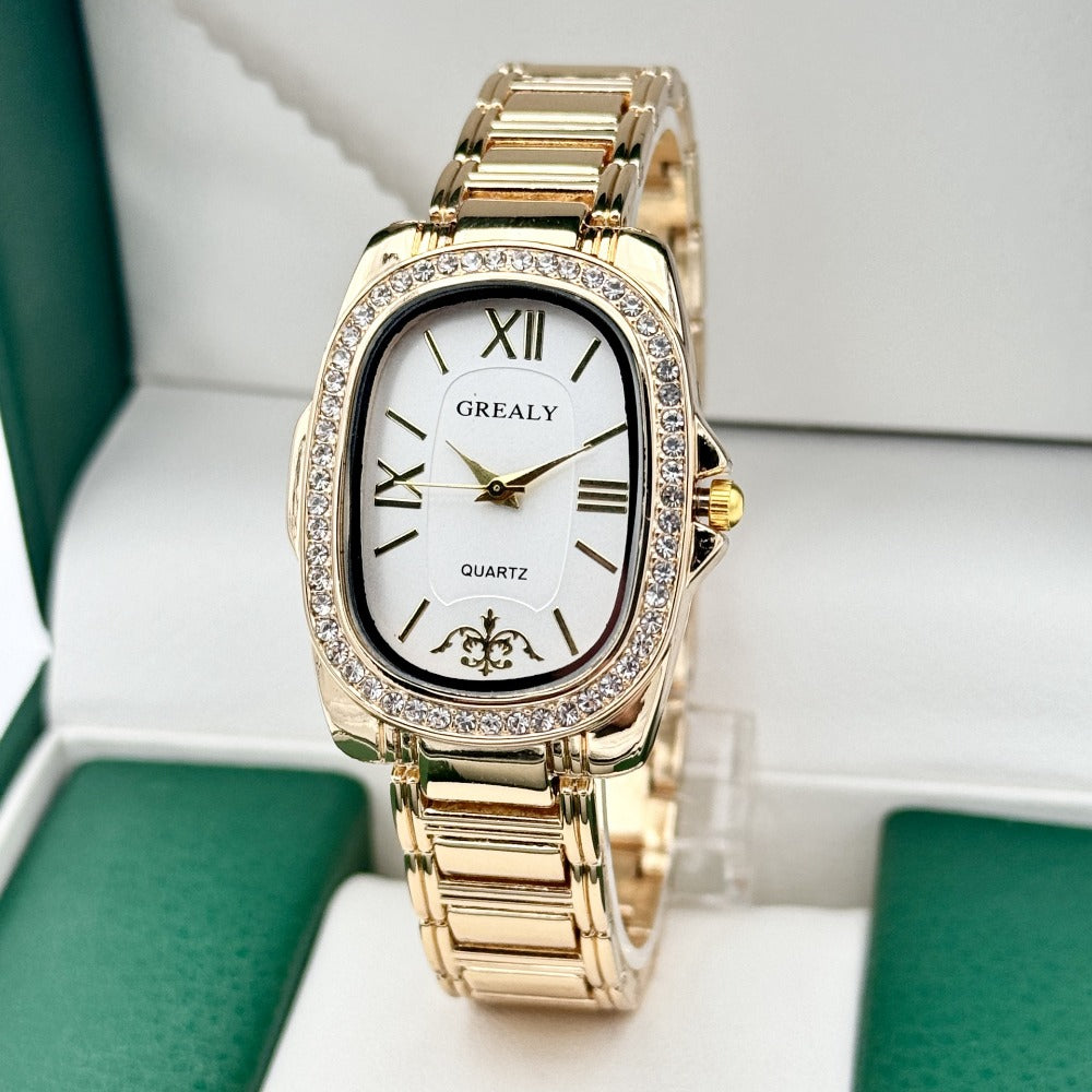 Women's Quartz Watch - 's Oval Roman Numeral Dial - Vintage Ladies Dress Wristwatch Gold Silver - product detail view 12