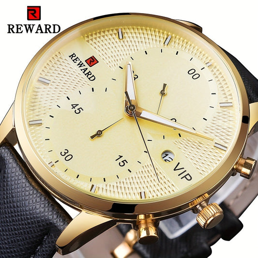 Men's Quartz Watch - 's with PU Leather Strap, Date & Stopwatch Gift Box Included | Golden & - main product view