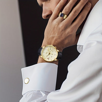 Men's Quartz Watch - 's with PU Leather Strap, Date & Stopwatch Gift Box Included | Golden & - product detail view 7