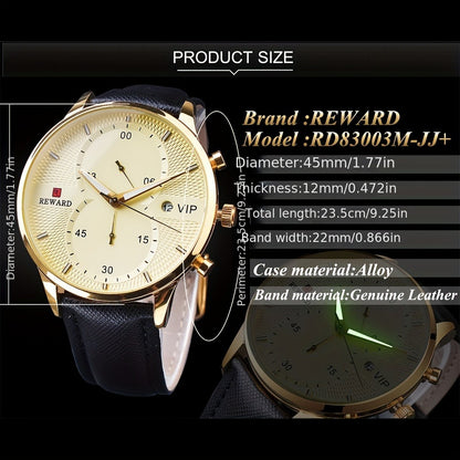 Men's Quartz Watch - 's with PU Leather Strap, Date & Stopwatch Gift Box Included | Golden & - product detail view 8