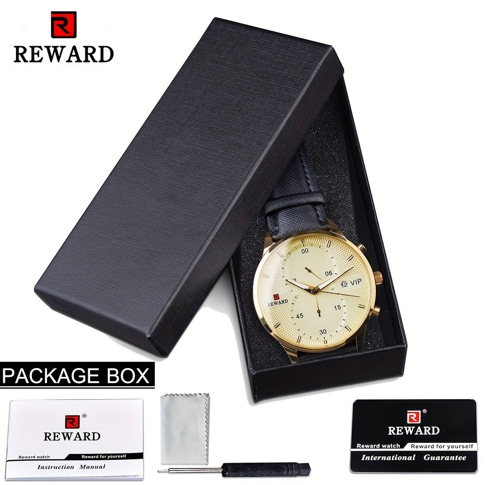 Men's Quartz Watch - 's with PU Leather Strap, Date & Stopwatch Gift Box Included | Golden & - product detail view 10